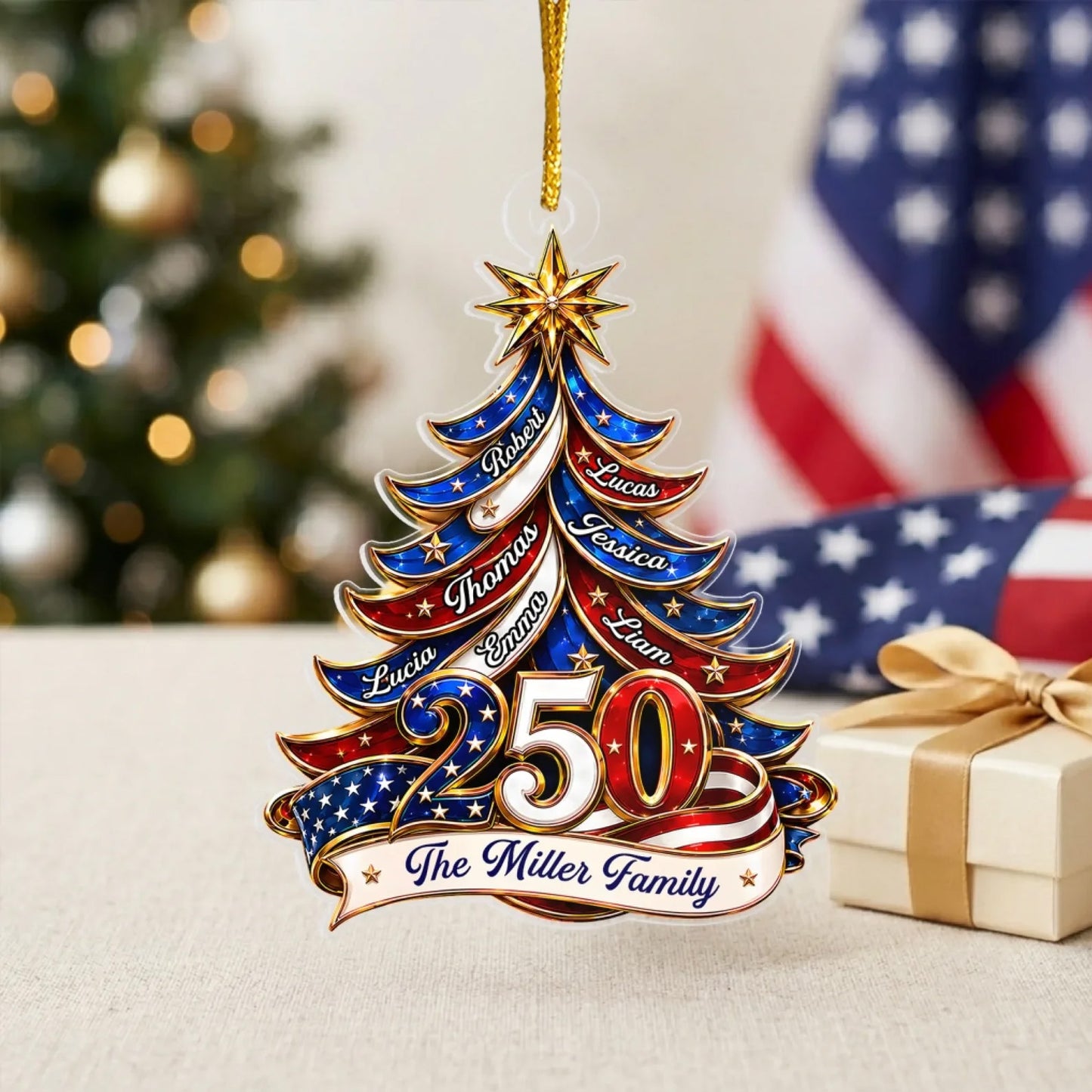 Personalized Christmas Tree 250 Years USA Acrylic Ornament, Custom Family Name Christmas Decor 685756