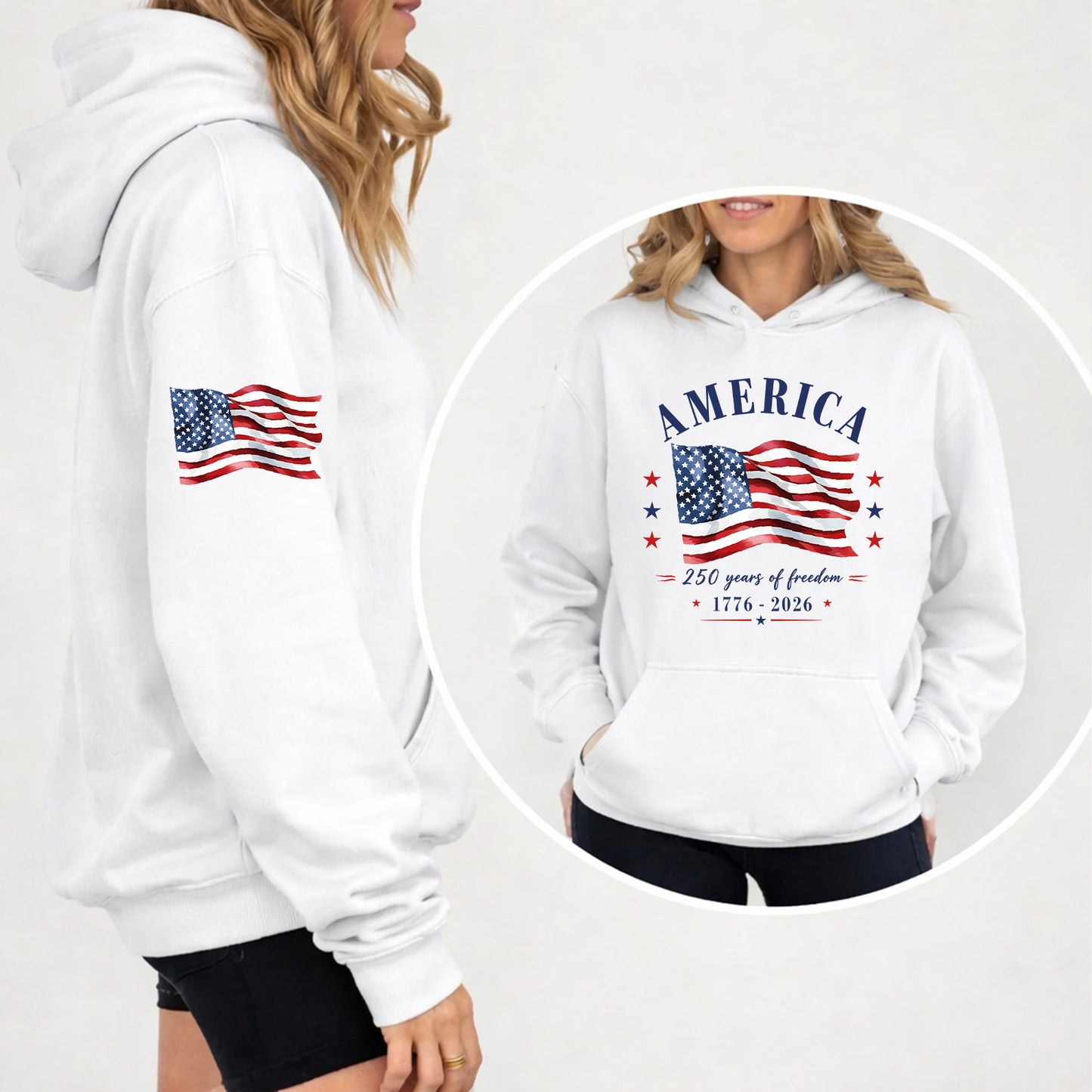 250 Years of Freedom 1776-2026 Front & Right Sleeve Shirt, Patriotic USA Flag 4th of July Tee 685301