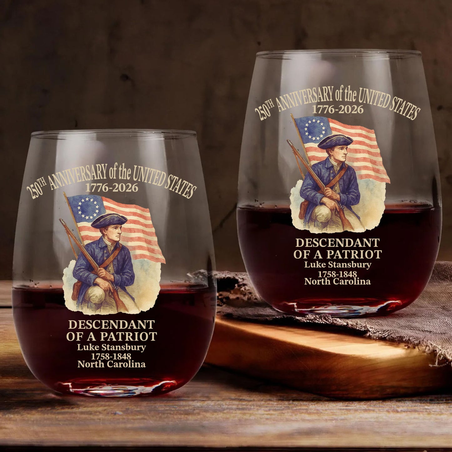 Custom Name 250 Years of America Wine Glass | Personalized Descendant of a Patriot Wine Glass 684228