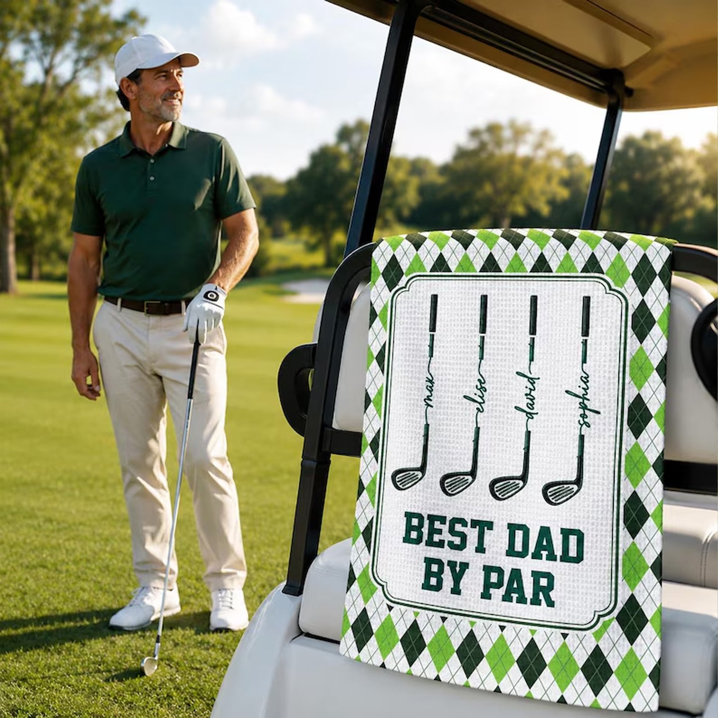 Personalized Best Dad By Par Golf Towel, Custom Kids Names Golf Gift For Dad, Father’s Day Gift 685125