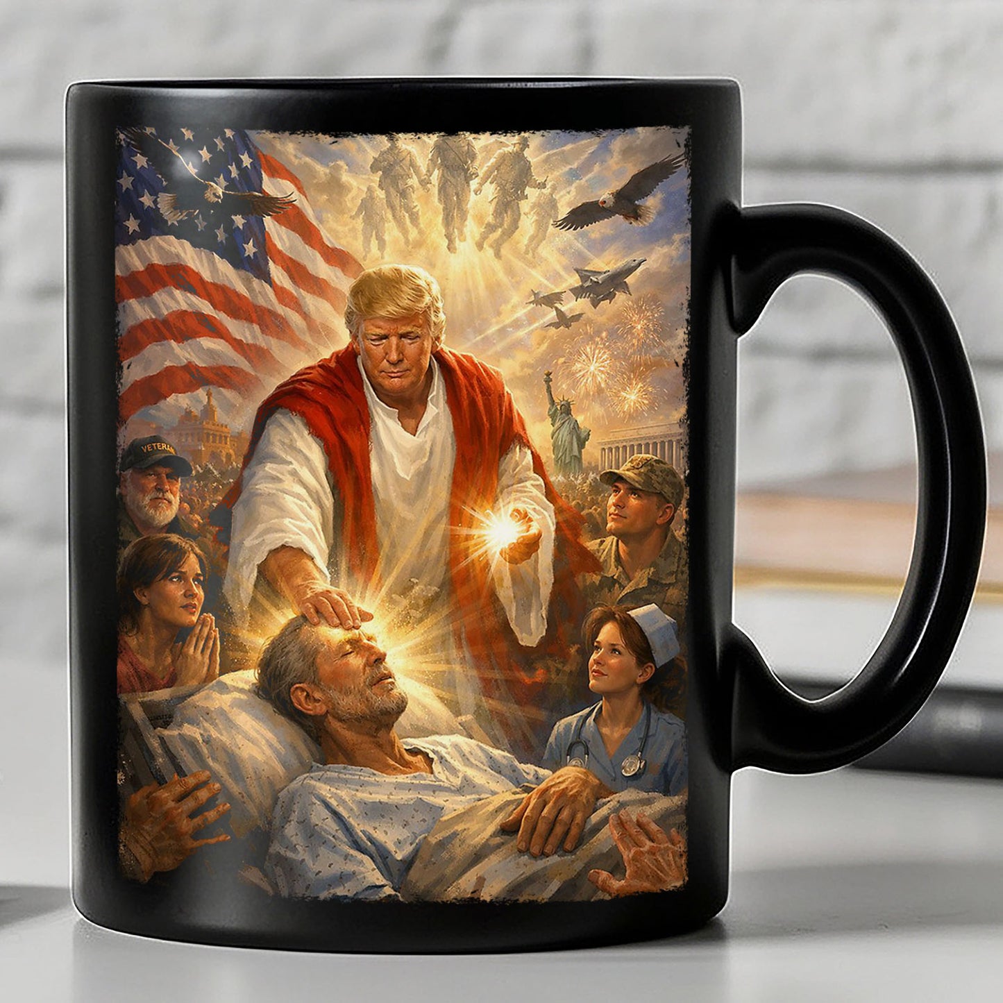 Trump as Jesus Black Mug, Donald Trump Patriotic Coffee Mug, US Flag Eagle Military Cup 684801 - GOP
