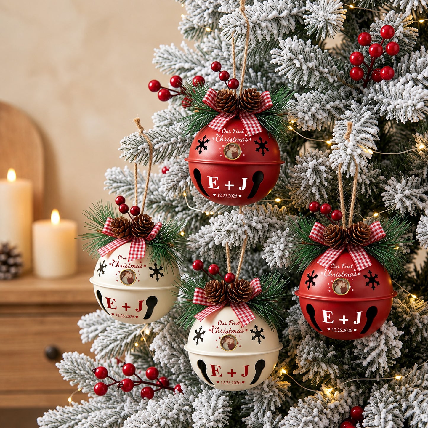 Personalized Our First Christmas Jingle Bell Ornament, Custom Photo Initials Couple Keepsake Gift 685903
