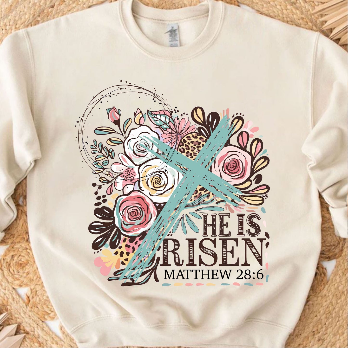 He Is Risen Matthew 28:6 Christian Easter Shirt | Floral Cross Faith T-Shirt 684406