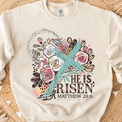 He Is Risen Matthew 28:6 Christian Easter Shirt | Floral Cross Faith T-Shirt 684406