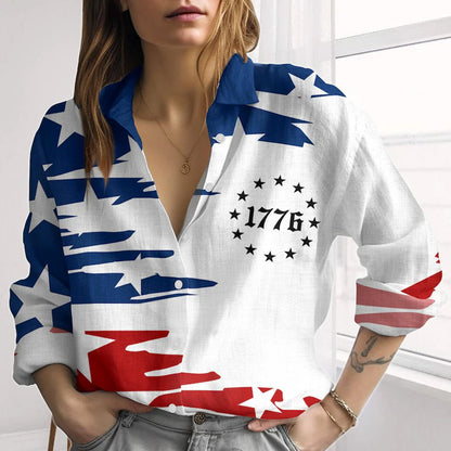 Retro 250 Years American Flag Blouse Shirt, Patriotic 1776 Women Top, Red White Blue 4th of July Shirt 685252 WFD