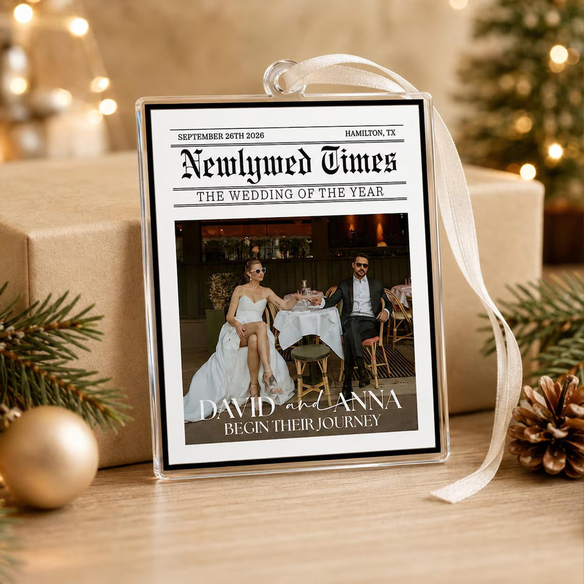 Custom Wedding Photo Newspaper Acrylic Ornament, Personalized Newlywed Times Christmas Ornament 686516 WFD
