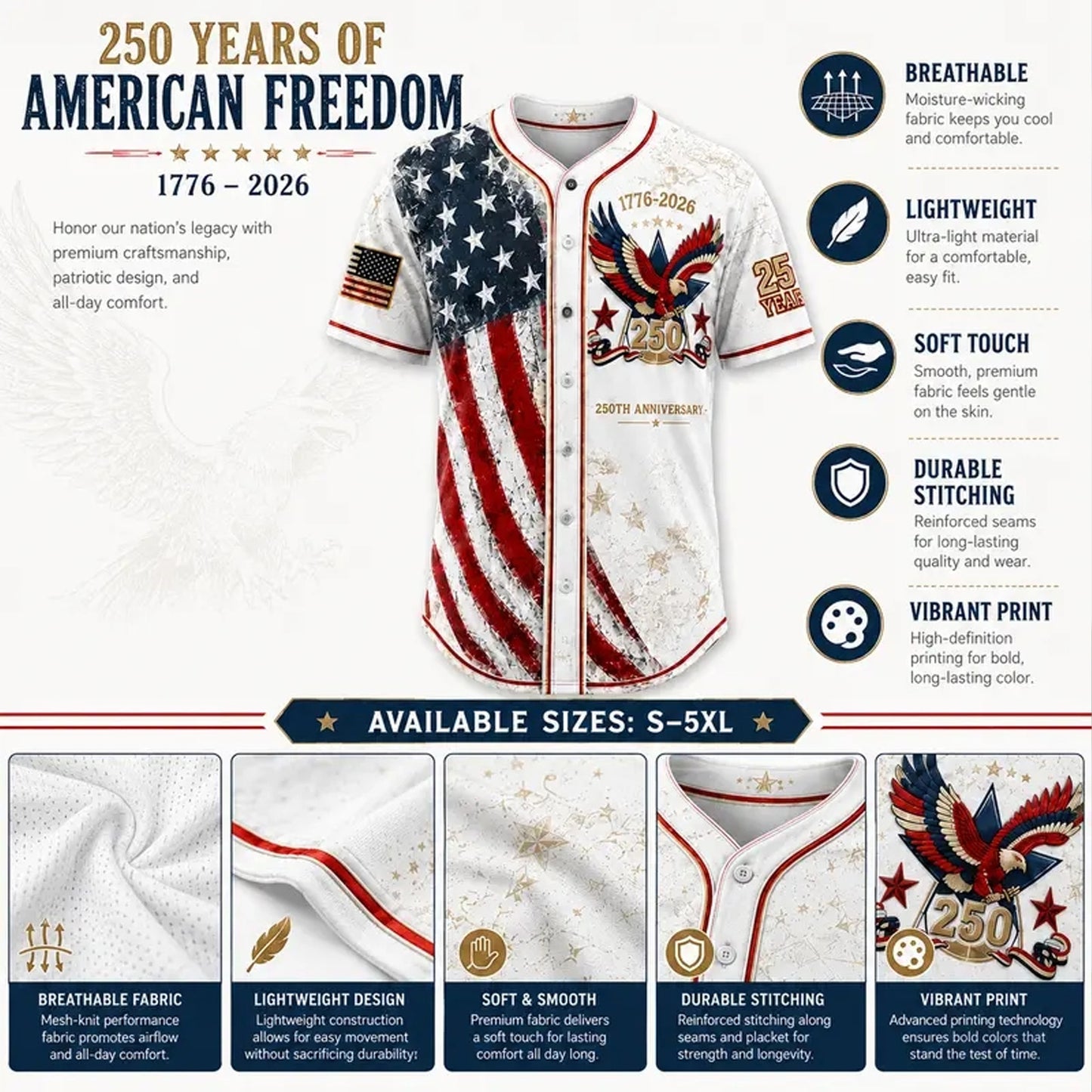 Personalized USA 250 Years of Freedom Baseball Jersey, Custom Name 1776-2026 Patriotic Eagle Shirt 685413 WFD