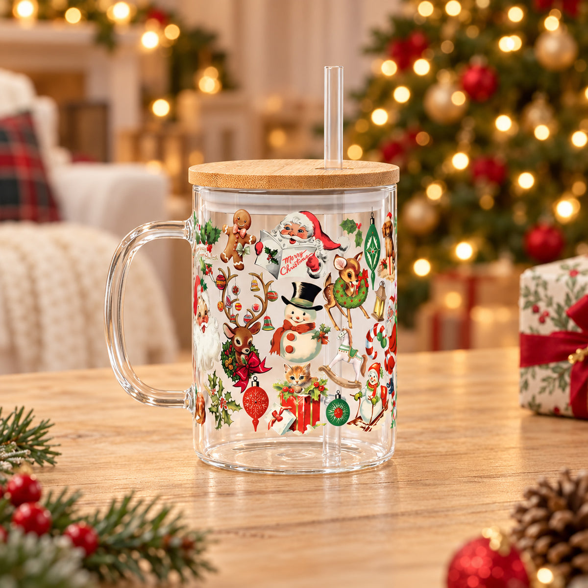 Nostalgic Christmas Glass Cup 17oz, Vintage Christmas Glass Mug with Bamboo Lid & Straw, Christmas Gift 686697 WFD