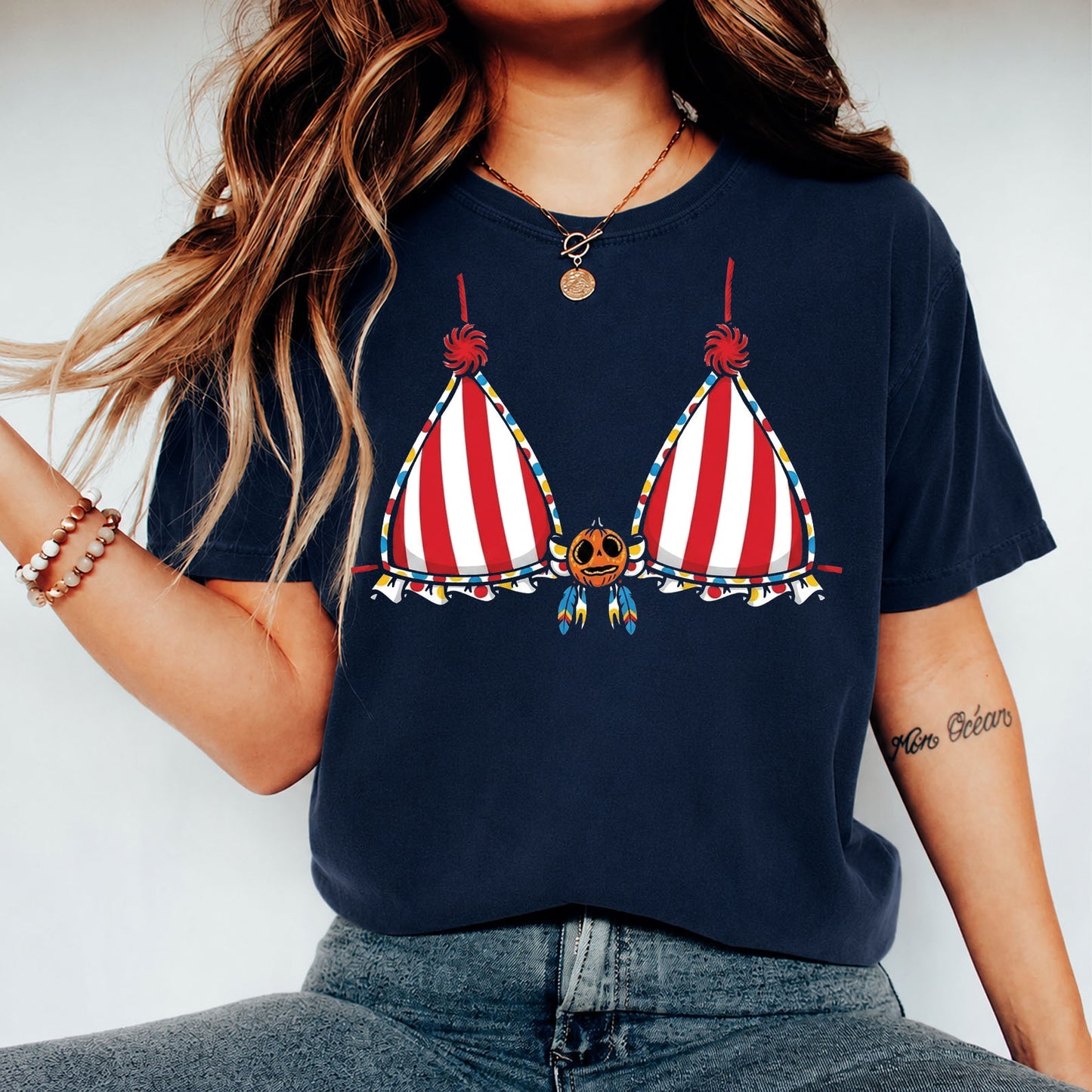 Funny Halloween Bikini Shirt, Spooky Pumpkin Bra Graphic Tee, Carnival Circus Halloween Gift 685915