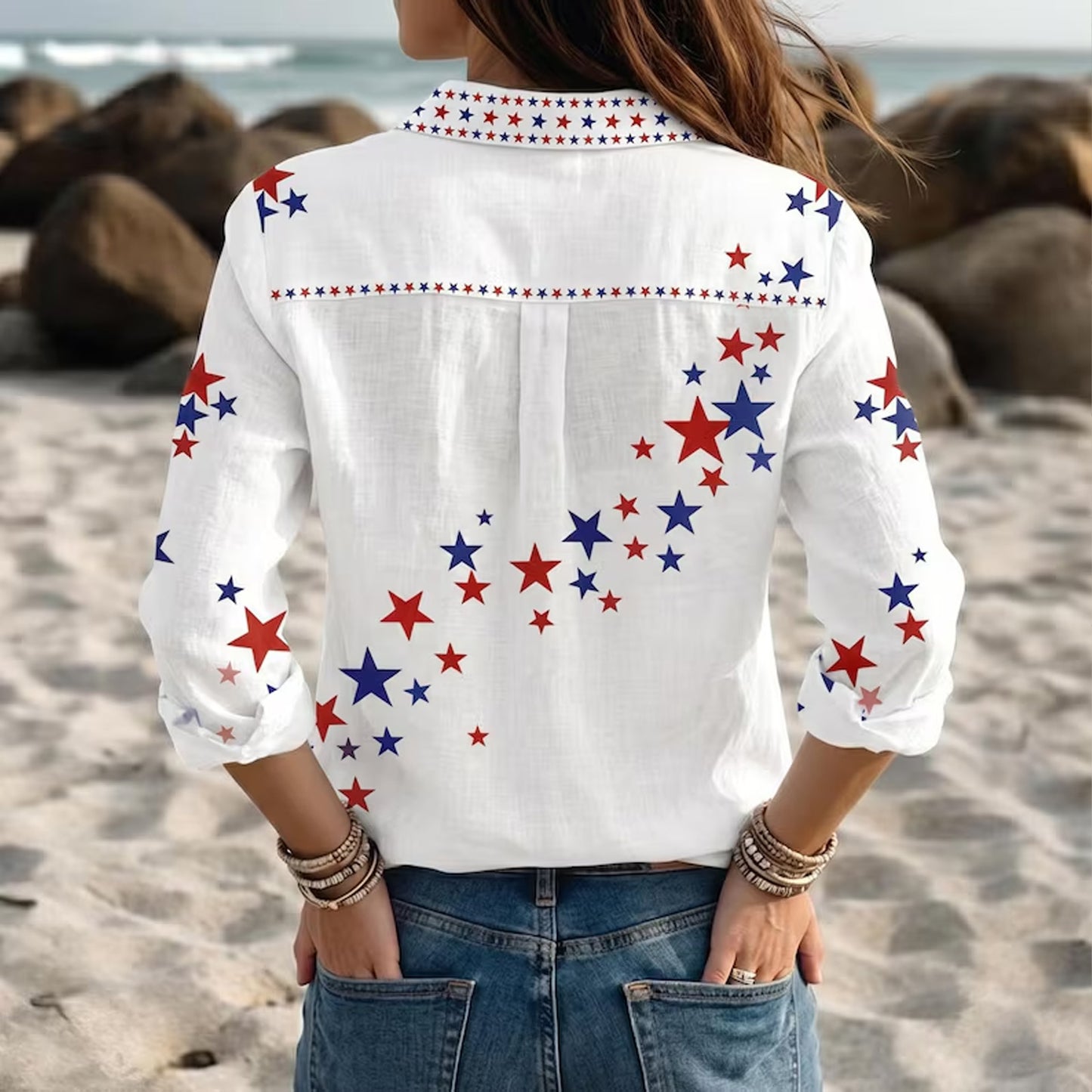 250 Years Patriotic Star Print Women's Blouse Shirt, USA Flag 4th of July Shirt, Red White Blue Summer Shirt 685246 WFD