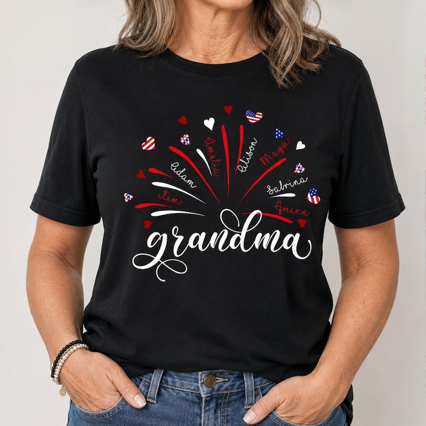 Personalized Grandma Kids Names Firework Shirt, Patriotic 250 Years Nana Mimi Gigi 4th of July Tee 685206 WFD