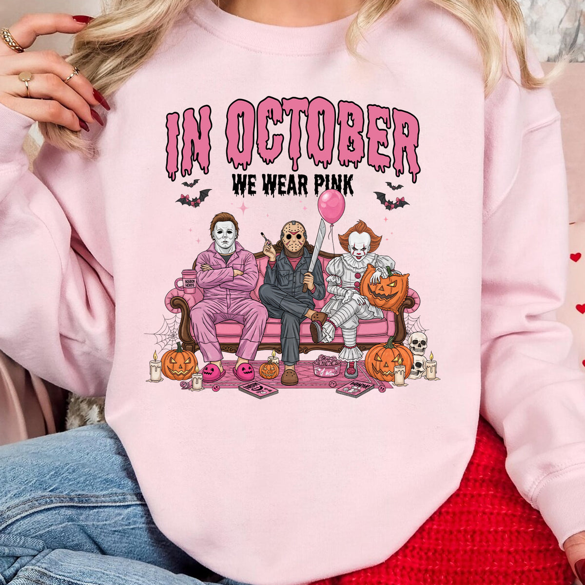 In October We Wear Pink Shirt, Breast Cancer Awareness Tee, Horror Characters Halloween T-Shirt 683310