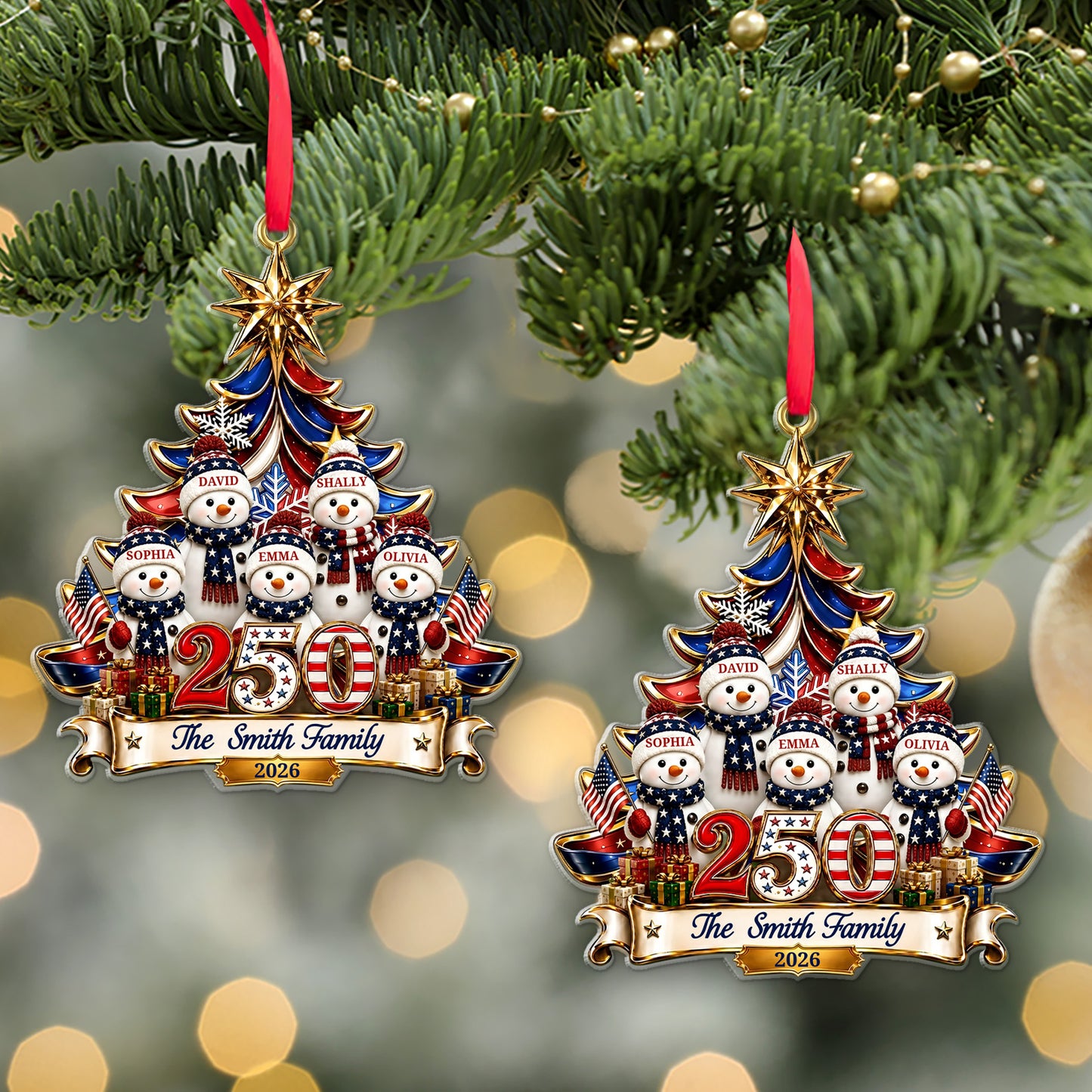 Personalized USA 250th Anniversary Snowman Family Acrylic Ornament, Patriotic Christmas Decor 685856
