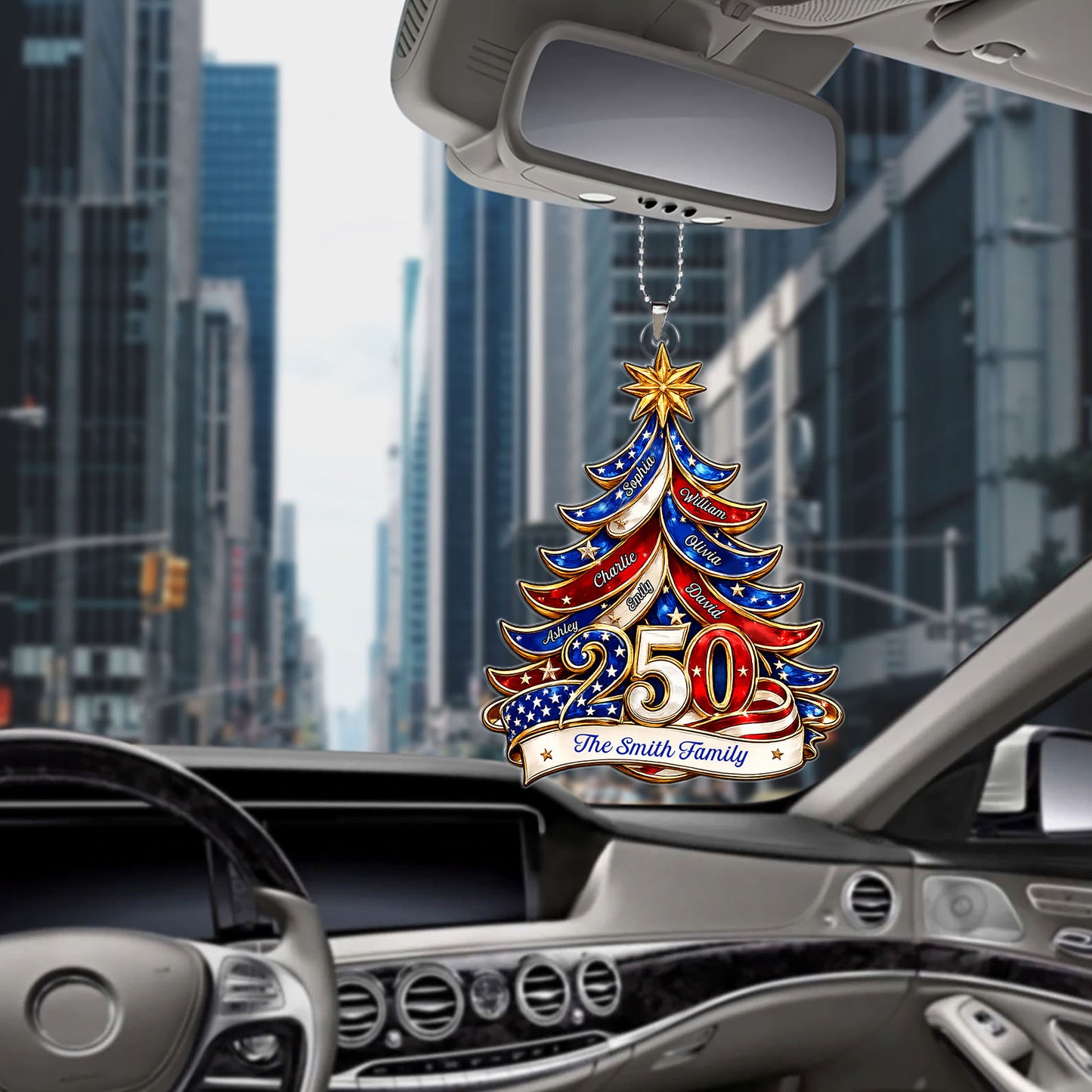 Personalized Patriotic Christmas Tree 250 Years USA Car Ornament, Custom Family Name Car Decor 685756