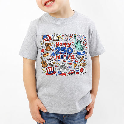 Happy 250 Years Kids T-Shirt, 1776–2026 USA Anniversary Shirt, Patriotic Doodle America Tee for Kids 684926