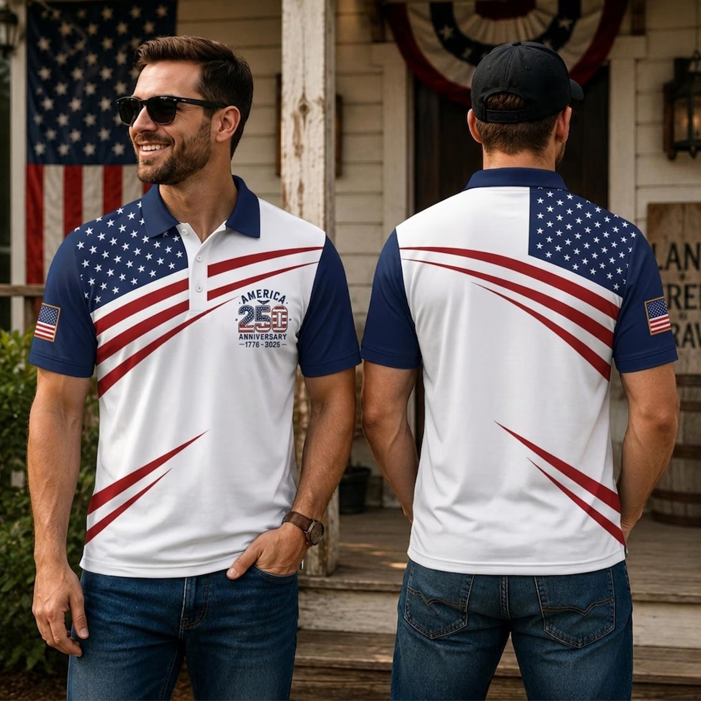 250 Years Anniversary AOP Polo Shirt, USA Flag 1776-2026 Patriotic Golf Polo, Independence Day Shirt 685357 WFD