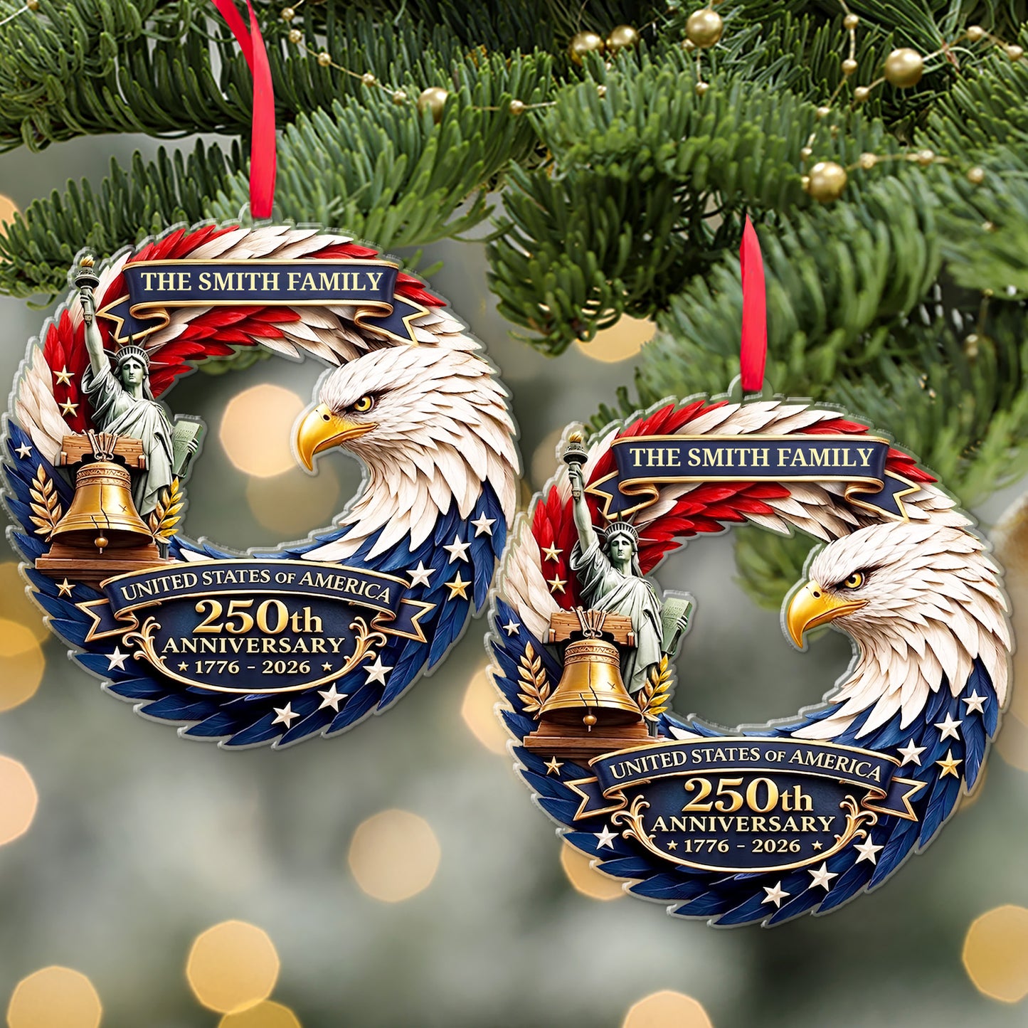 Personalized USA 250th Anniversary Acrylic Ornament, Custom Family Name Patriotic Eagle Ornament 1776-2026 685874