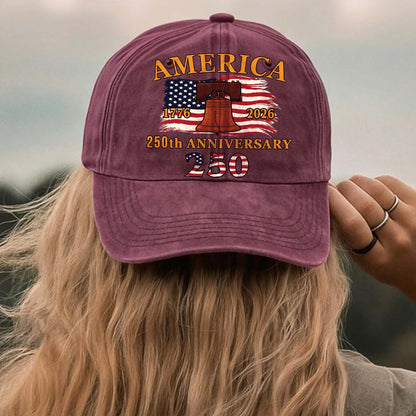 250 Years of America 1776–2026 Vintage Washed Denim Baseball Cap | Patriotic Anniversary 4th of July Hat 683640