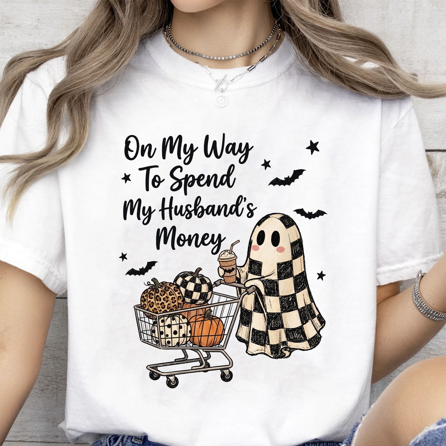 Funny Halloween Ghost Shopping Shirt, On My Way to Spend My Husband’s Money Tee, Fall Pumpkin Sweatshirt 685845