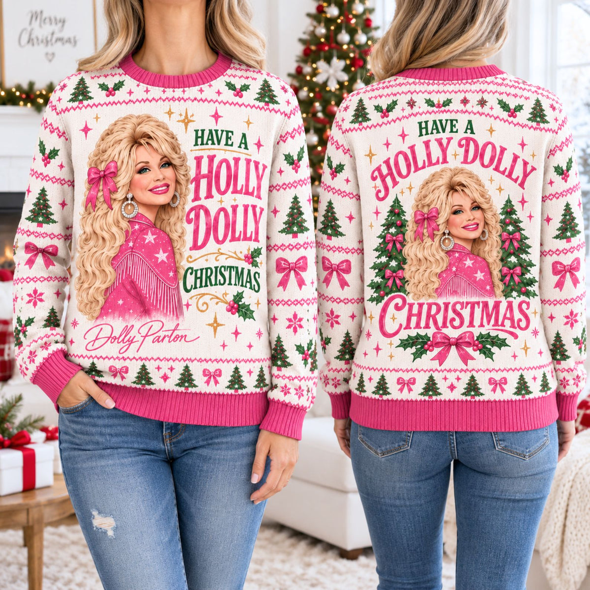 Have A Holly Dolly Christmas Ugly Sweater, Dolly Parton Christmas AOP Sweater, Pink Country Music Gift 686301 WFD