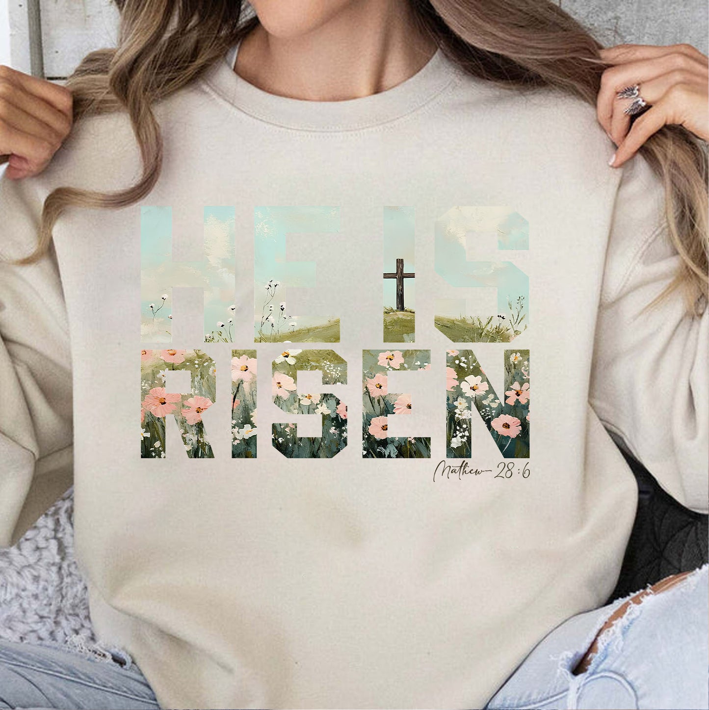 He Is Risen Christian Easter Shirt, Matthew 28:6 Bible Verse Shirt, Floral Cross Faith Tee 684400