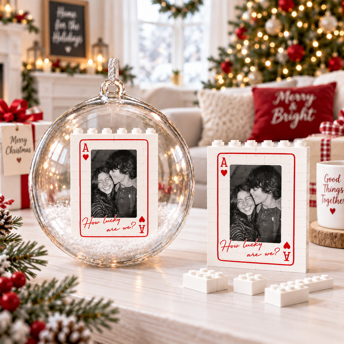 Personalized Couple Lego Bauble Ornament, Custom Photo Playing Card Christmas Ornament Gift 686293 WFD