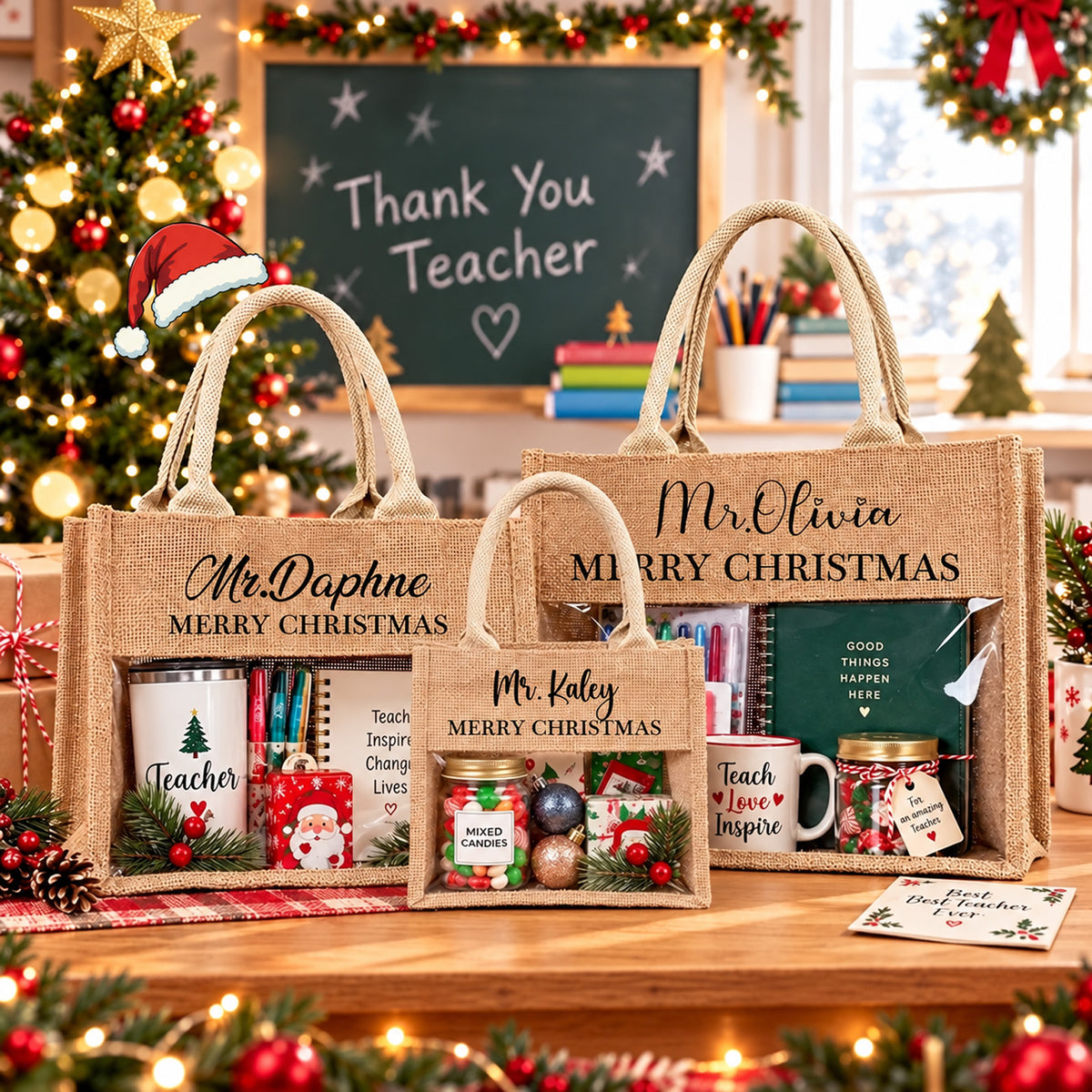 Personalized Teacher Christmas Tote Bag, Custom Name Jute Gift Bag, Christmas Teacher Appreciation Gift 686758 WFD