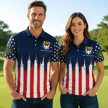 250 Years 1776–2026 USA Polo Shirt, Patriotic Eagle Golf Polo, American Flag 4th of July AOP Polo Shirt 685262