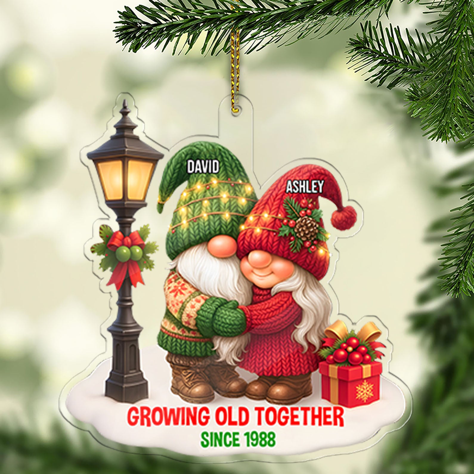 Personalized Gnome Christmas Couple Acrylic Ornament, Custom Name Growing Old Together Ornament 683262