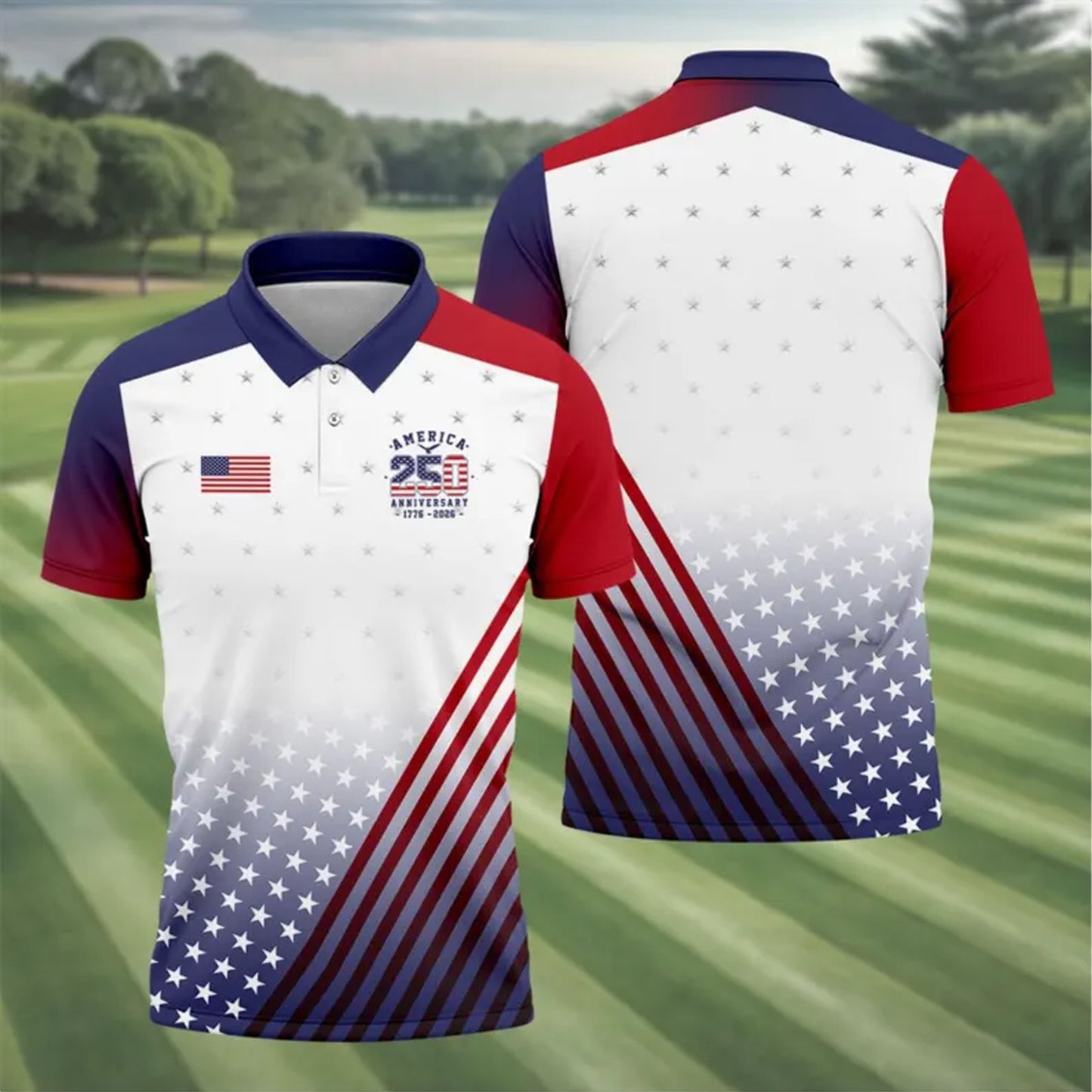 250 Years of America Golf Polo Shirt, Patriotic USA Flag 1776-2026 AOP Golf Polo Tee 685217