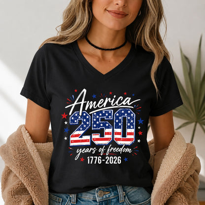 250 Years of America V-Neck Shirt, USA 1776-2026 Patriotic Flag Tee, Women's Independence Day Shirt 685276