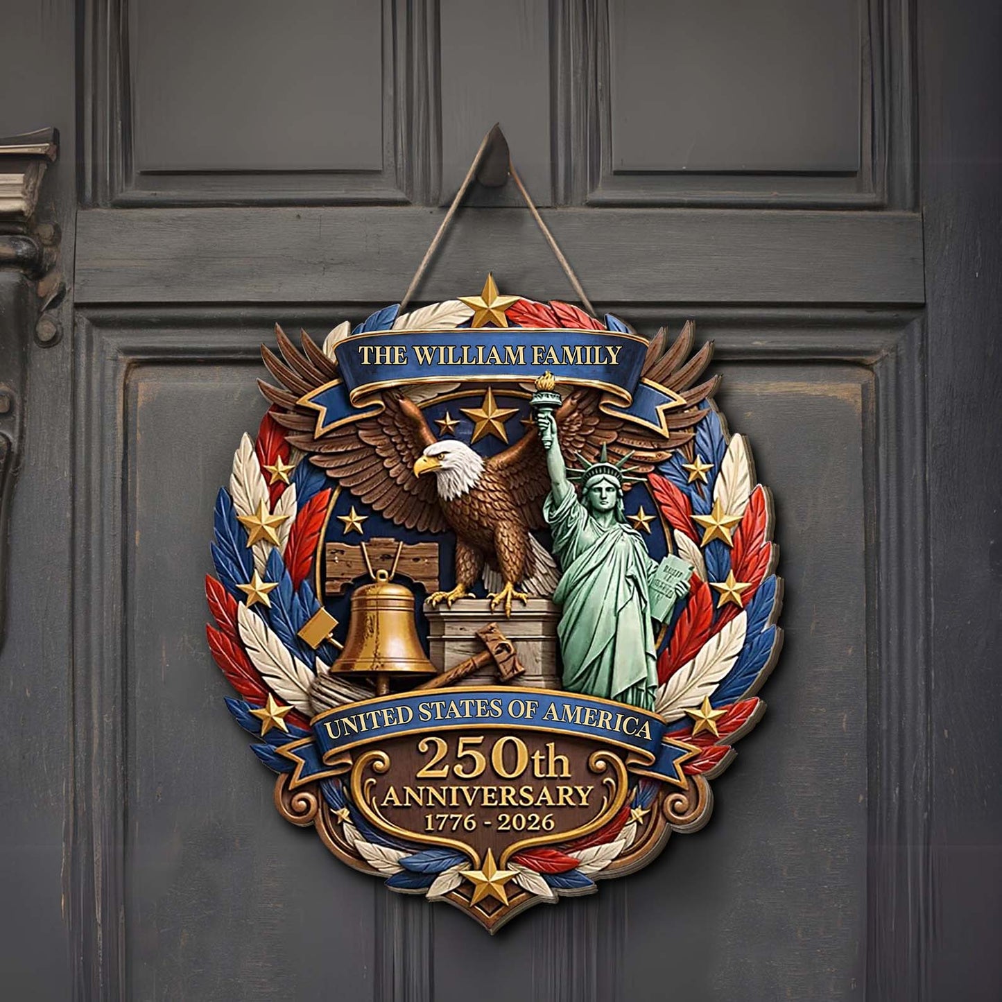 Custom USA 250 Years Anniversary Wood Sign, Patriotic 1776–2026 America Door Hanger Decor 684965