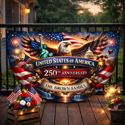 Personalized 250 Years Anniversary Semicircle Fence Flag, Custom Family Name USA 1776-2026 Flag 685281 WFD