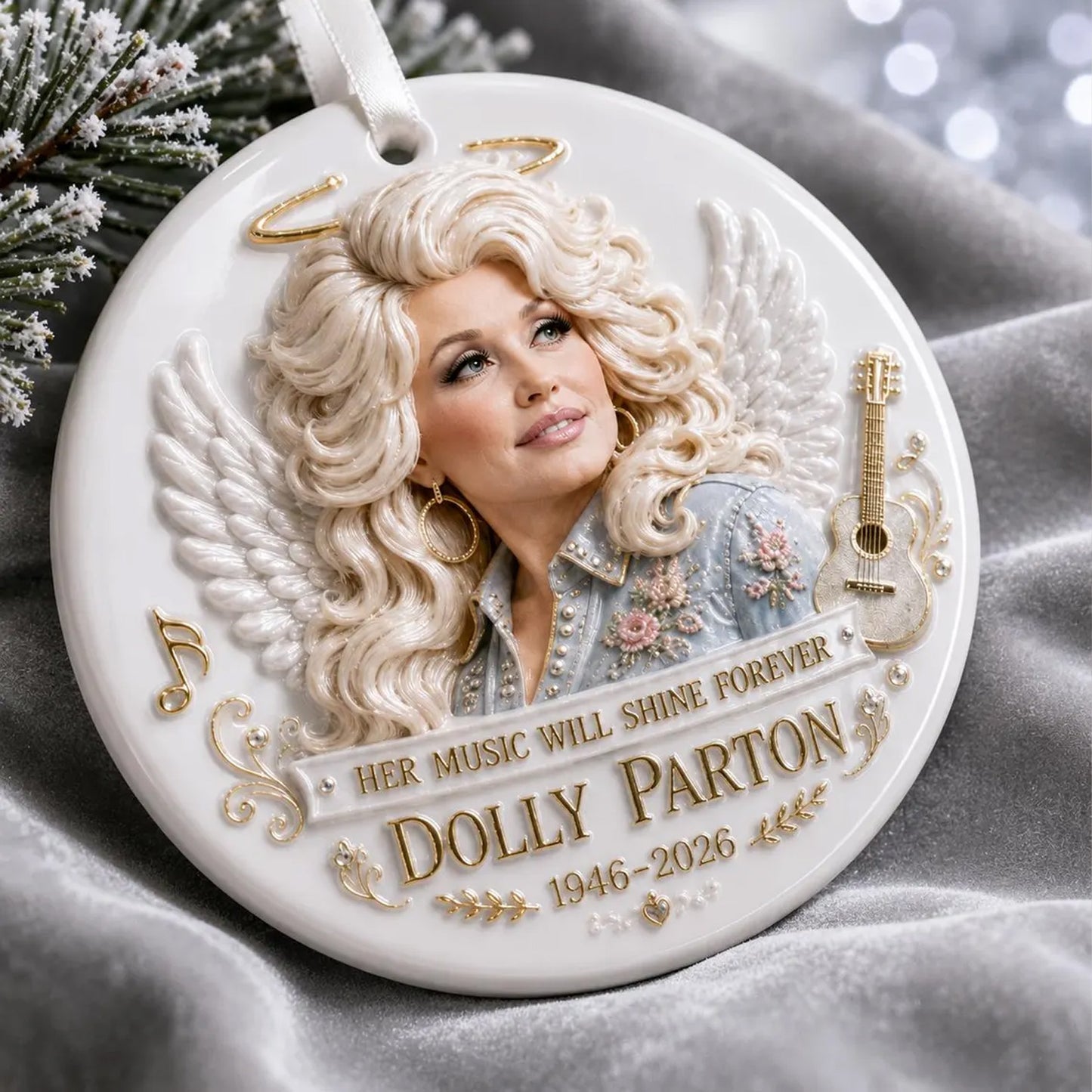 Dolly Parton Angel 3D Relief White Acrylic Ornament, Country Music Legend Memorial Christmas Ornament 686143 WFD