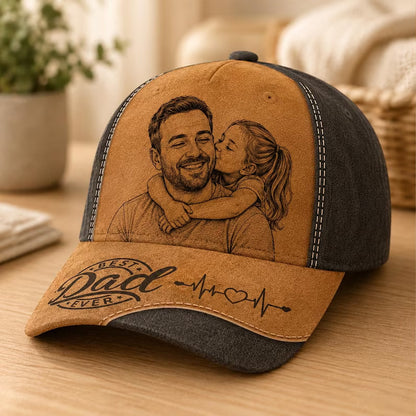 Personalized Best Dad Ever Leather Patch Hat, Custom Photo Engraved Baseball Cap, Father's Day Gift 685153