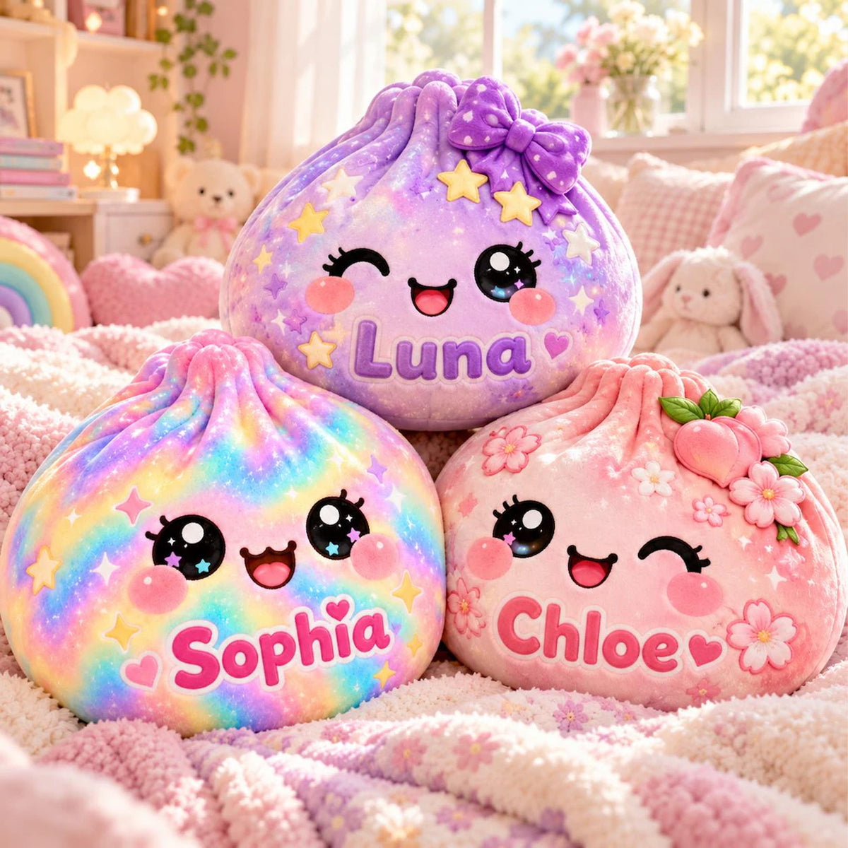 Personalized Kawaii Dumpling Pillow, Custom Name Rainbow Squishy Cushion, Cute Kids Christmas Gift 686904 WFD