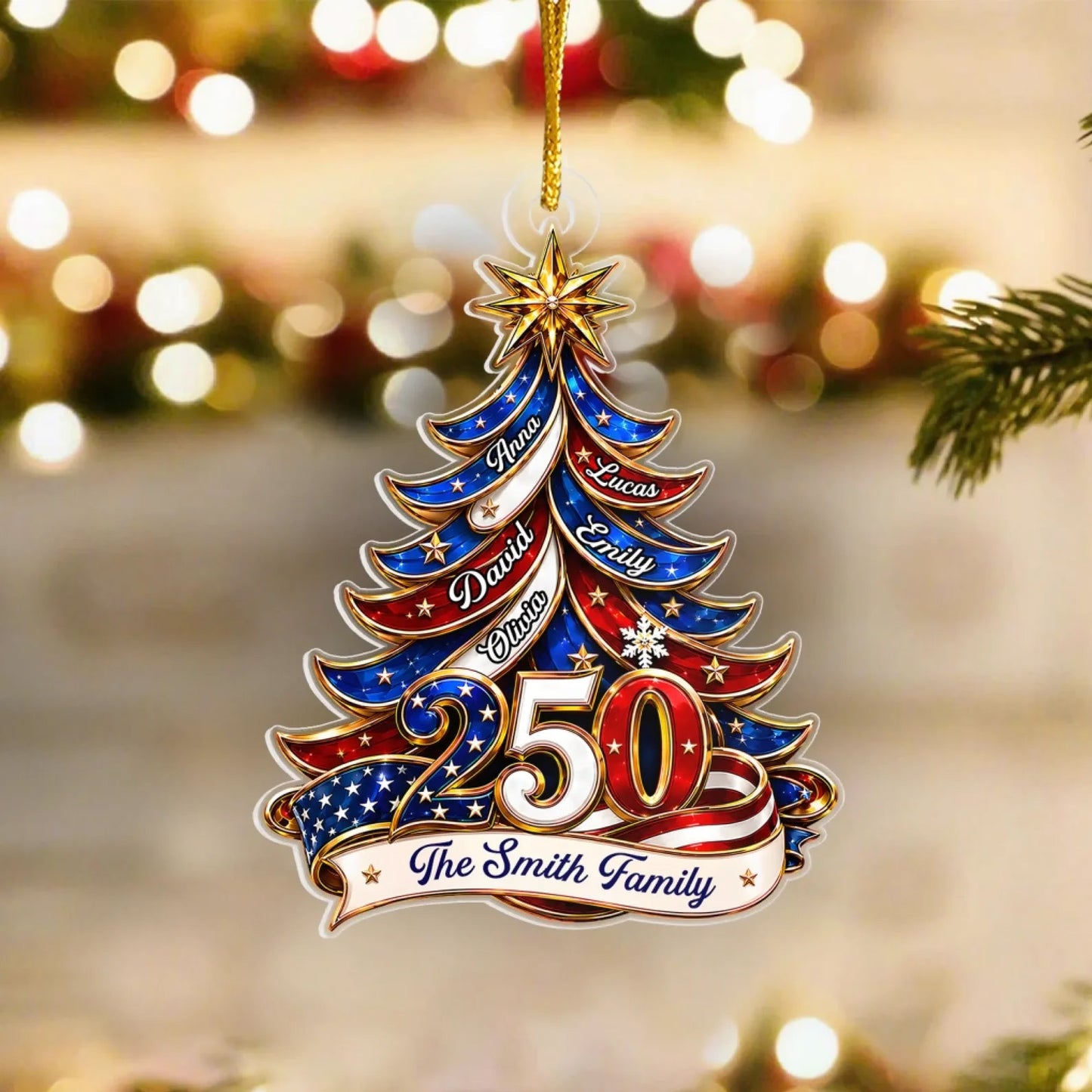 Personalized Christmas Tree 250 Years USA Acrylic Ornament, Custom Family Name Christmas Decor 685756