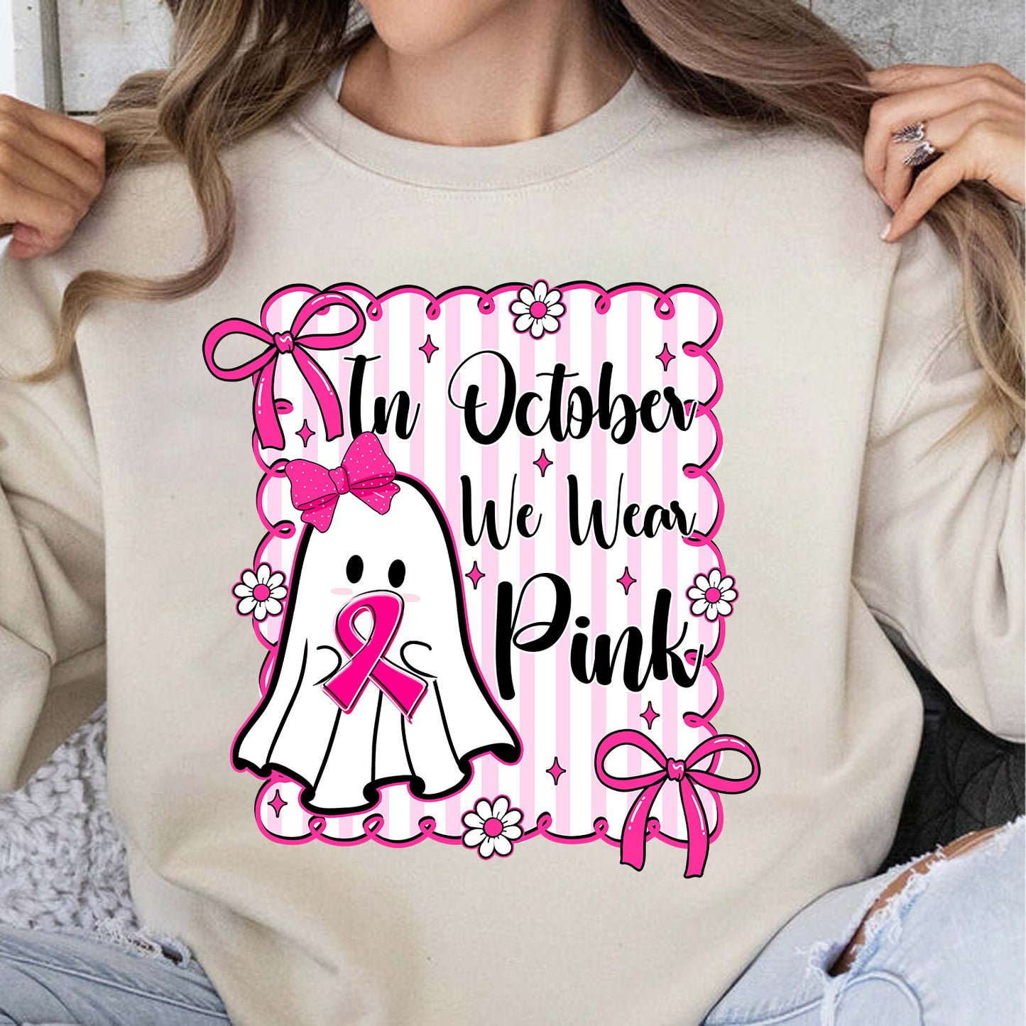 October We Wear Pink Breast Cancer Awareness Shirt | Cute Ghost Pink Ribbon T-Shirt | Halloween Pink Out Tee 683314-3