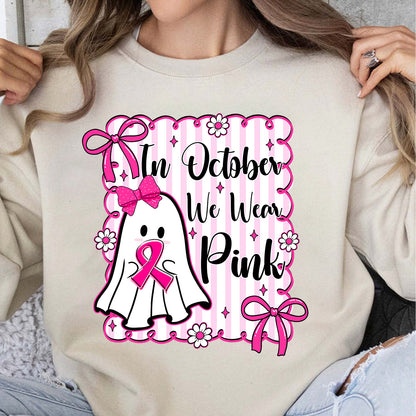 October We Wear Pink Breast Cancer Awareness Shirt | Cute Ghost Pink Ribbon T-Shirt | Halloween Pink Out Tee 683314-3