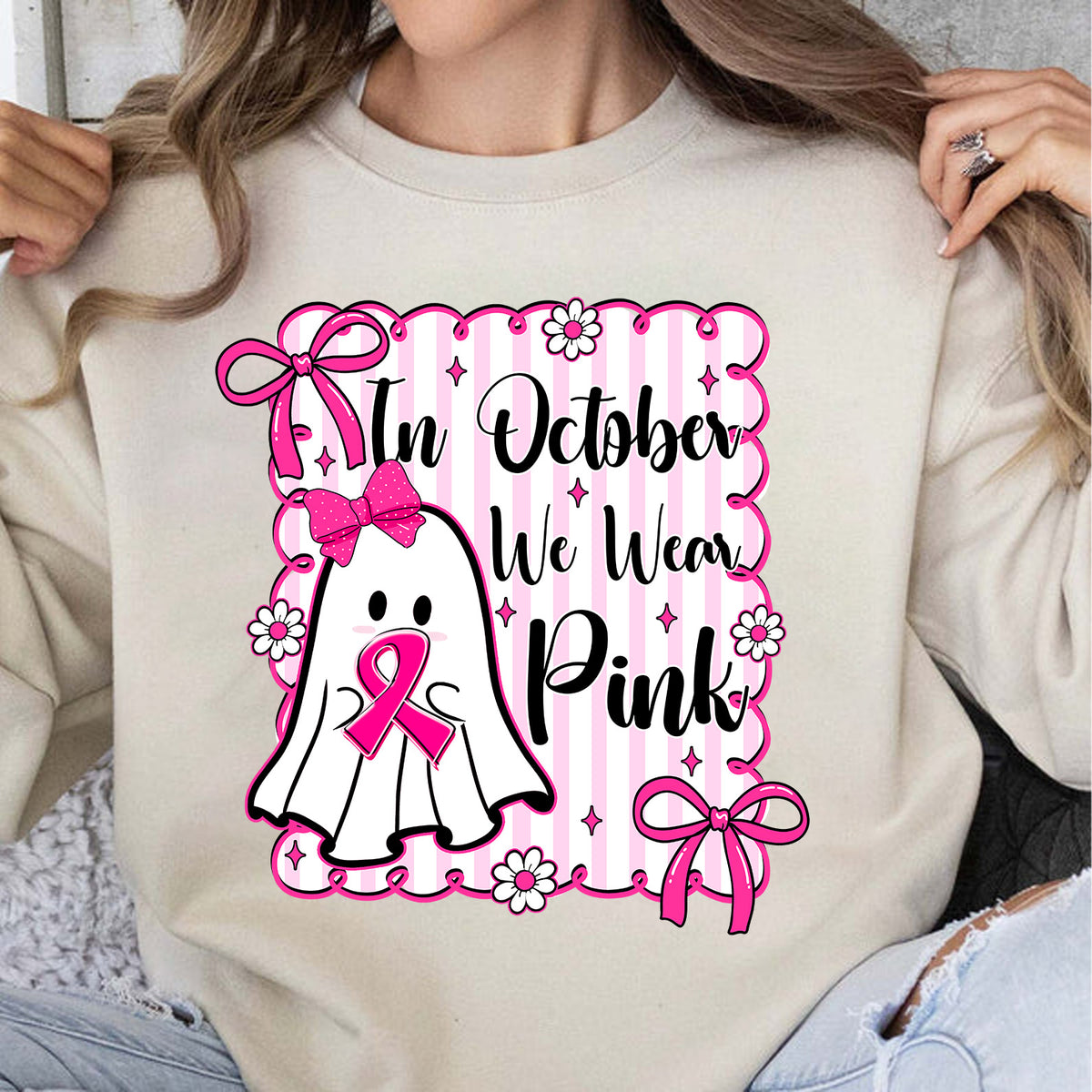 October We Wear Pink Breast Cancer Awareness Shirt | Cute Ghost Pink Ribbon T-Shirt | Halloween Pink Out Tee 683314-3