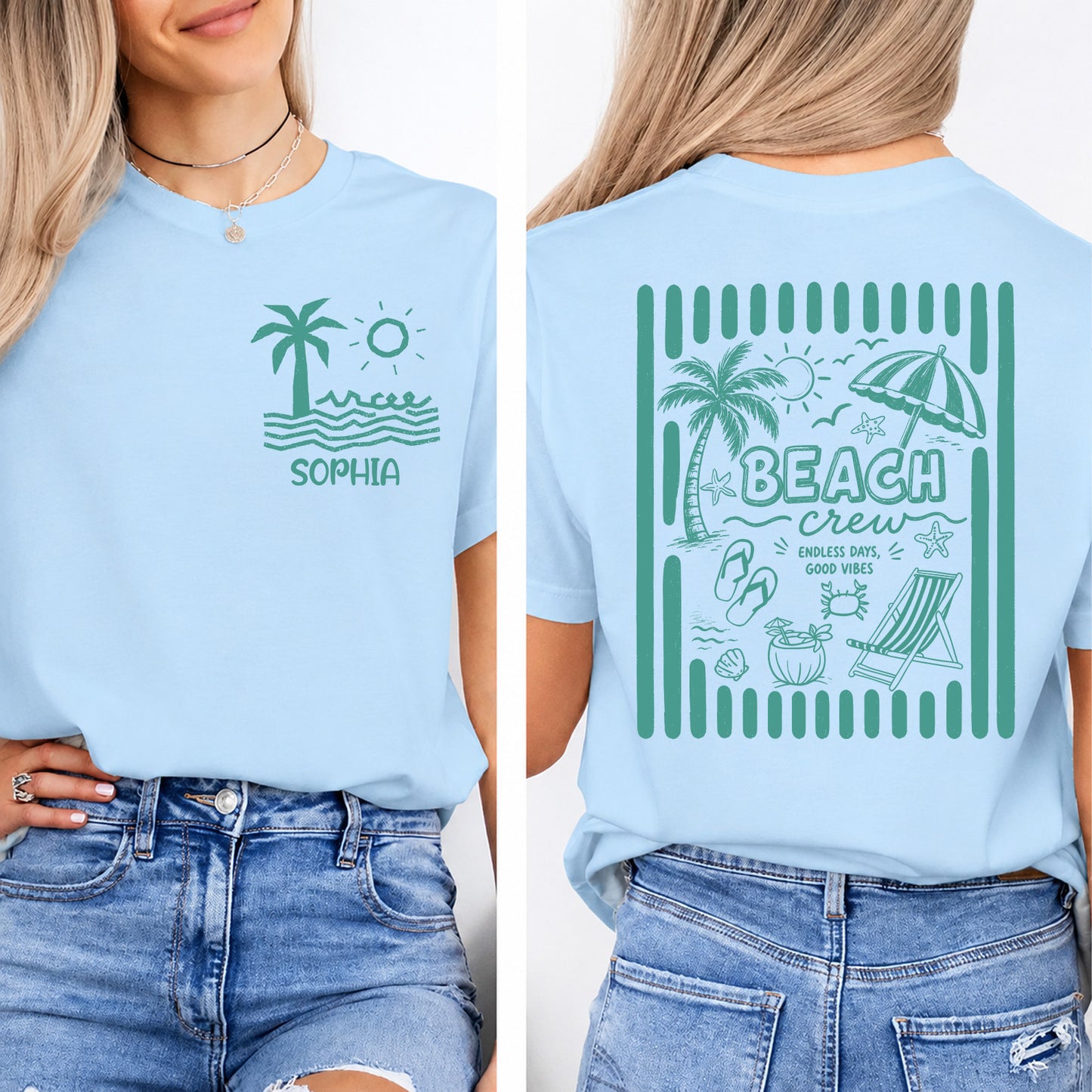 Custom Beach Vacation Pocket & Back Shirt, Personalized Beach Crew Tee, Summer Trip Tee 685503