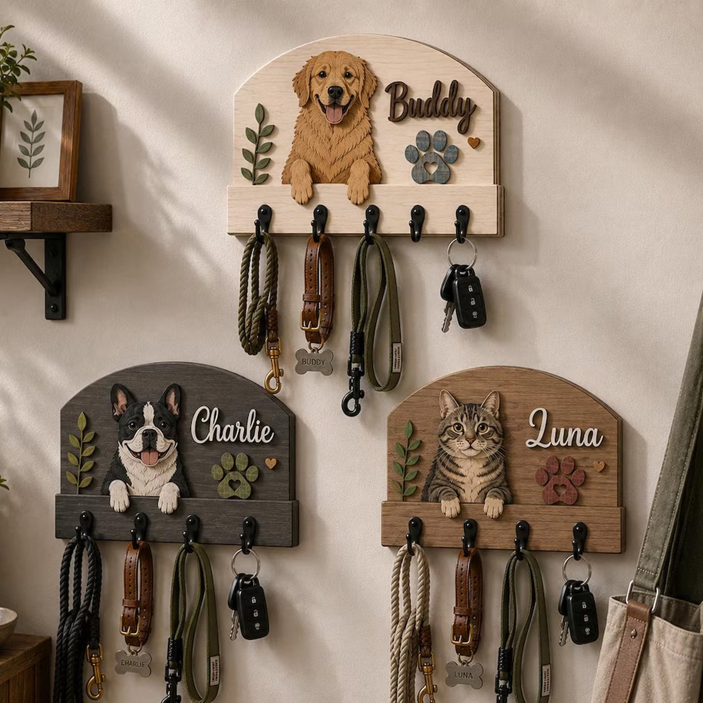 Personalized Pet Wooden Key Holder, Custom Dog Cat Name Sign, Pet Leash Hook Wall Rack, Dog Lover Gift 686034 WFD