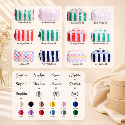 Personalized Embroidered Makeup Bag, Custom Waterproof Cosmetic Pouch, Striped Monogram Toiletry Bag Gift 684929