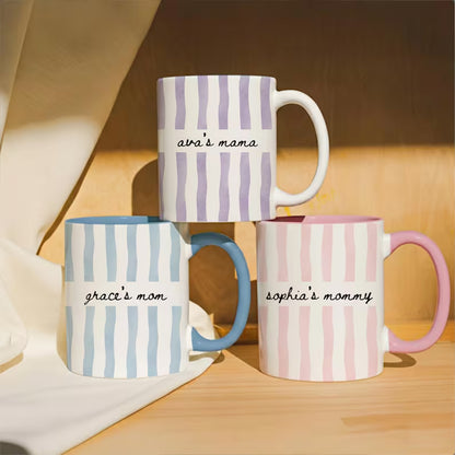 Personalized New Mom Mug, Custom Name Stripe Coffee Cup, First Time Mom Gift, White Mug Accent Mug 684792