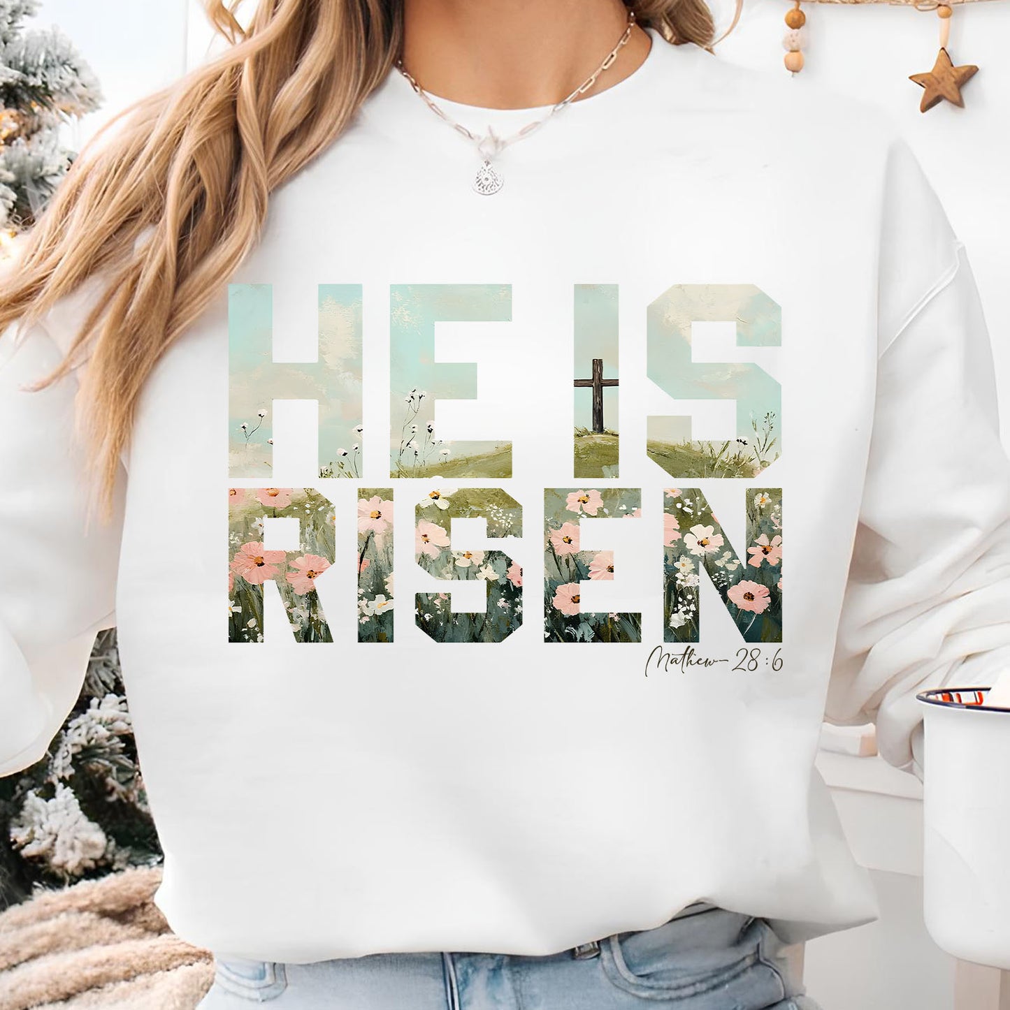 He Is Risen Christian Easter Shirt, Matthew 28:6 Bible Verse Shirt, Floral Cross Faith Tee 684400