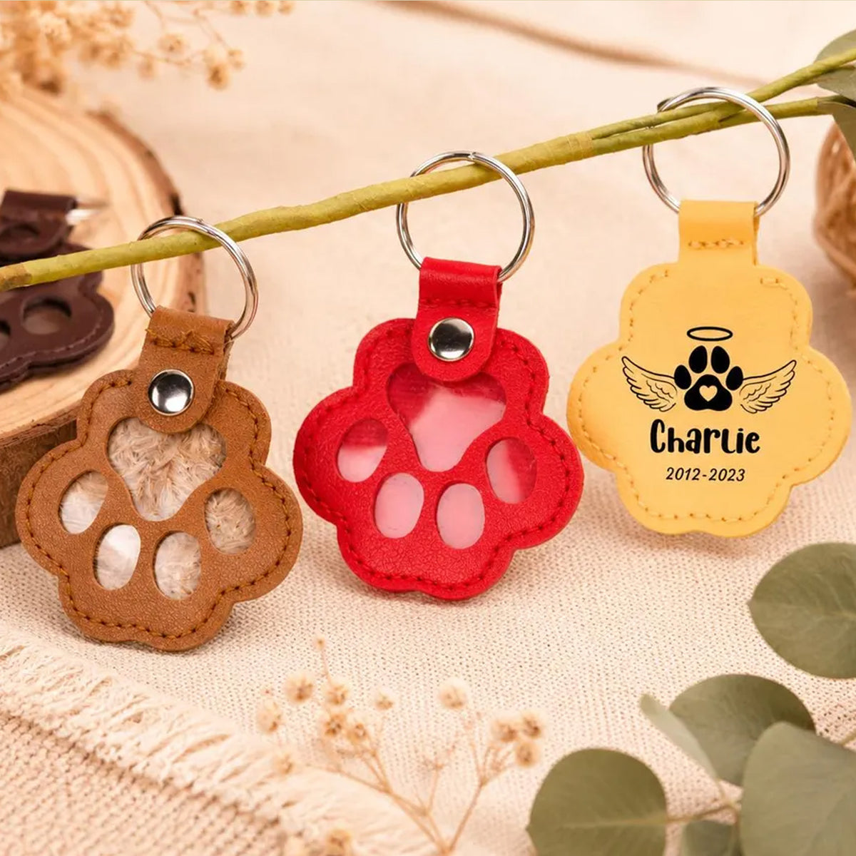 Personalized Pet Hair Memorial Leather Keychain, Custom Name Paw Print Fur Keepsake, Pet Loss Gift 686661 WFD