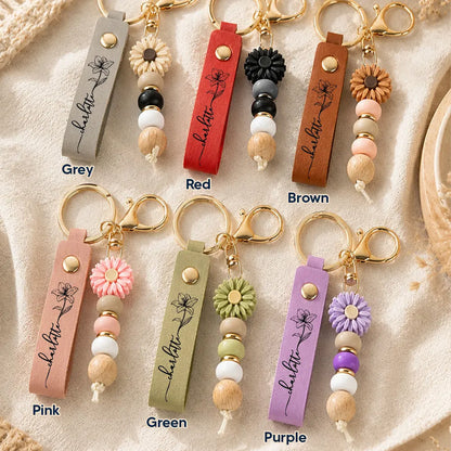 Personalized Birth Month Flower Leather Beaded Keychain, Custom Name Floral Keychain Gift 685767 WFD