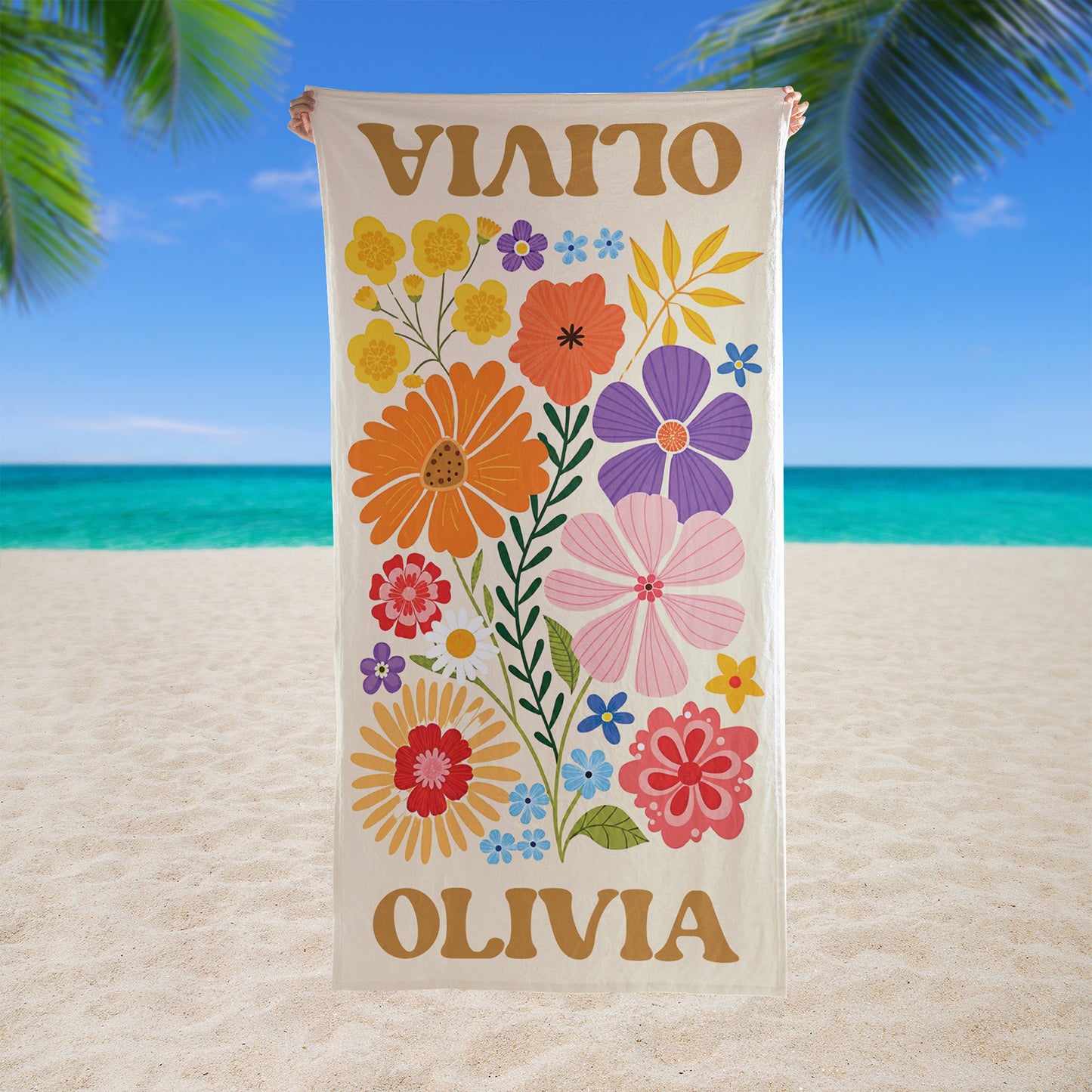 Personalized Retro Flower Beach Towel, Custom Floral Beach Towel, Summer Pool Towel 684957