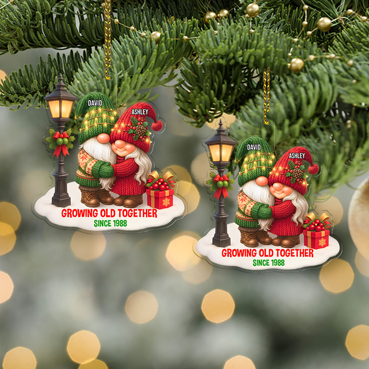 Personalized Gnome Christmas Couple Acrylic Ornament, Custom Name Growing Old Together Ornament 683262