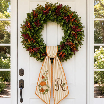 Personalized Fall Wreath Sash, Embroidered Pumpkin Monogram Bow, Custom Initial Autumn Front Door Decor 686157 WFD